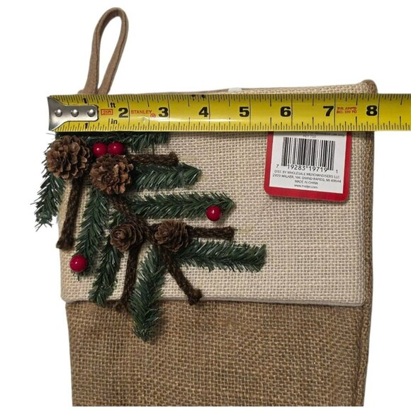 New Rustic Burlap Christmas Stocking Pine Tree Pinecone Berry Holiday Decor 18.5 - Picture 5 of 6